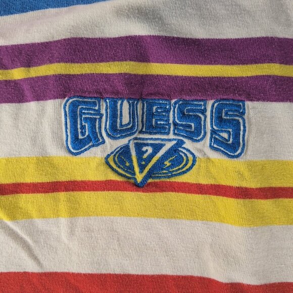 GUESS 90s Striped Embroidered Shirt Men S Small White Multi Short Sleeve Retro - Picture 10 of 11